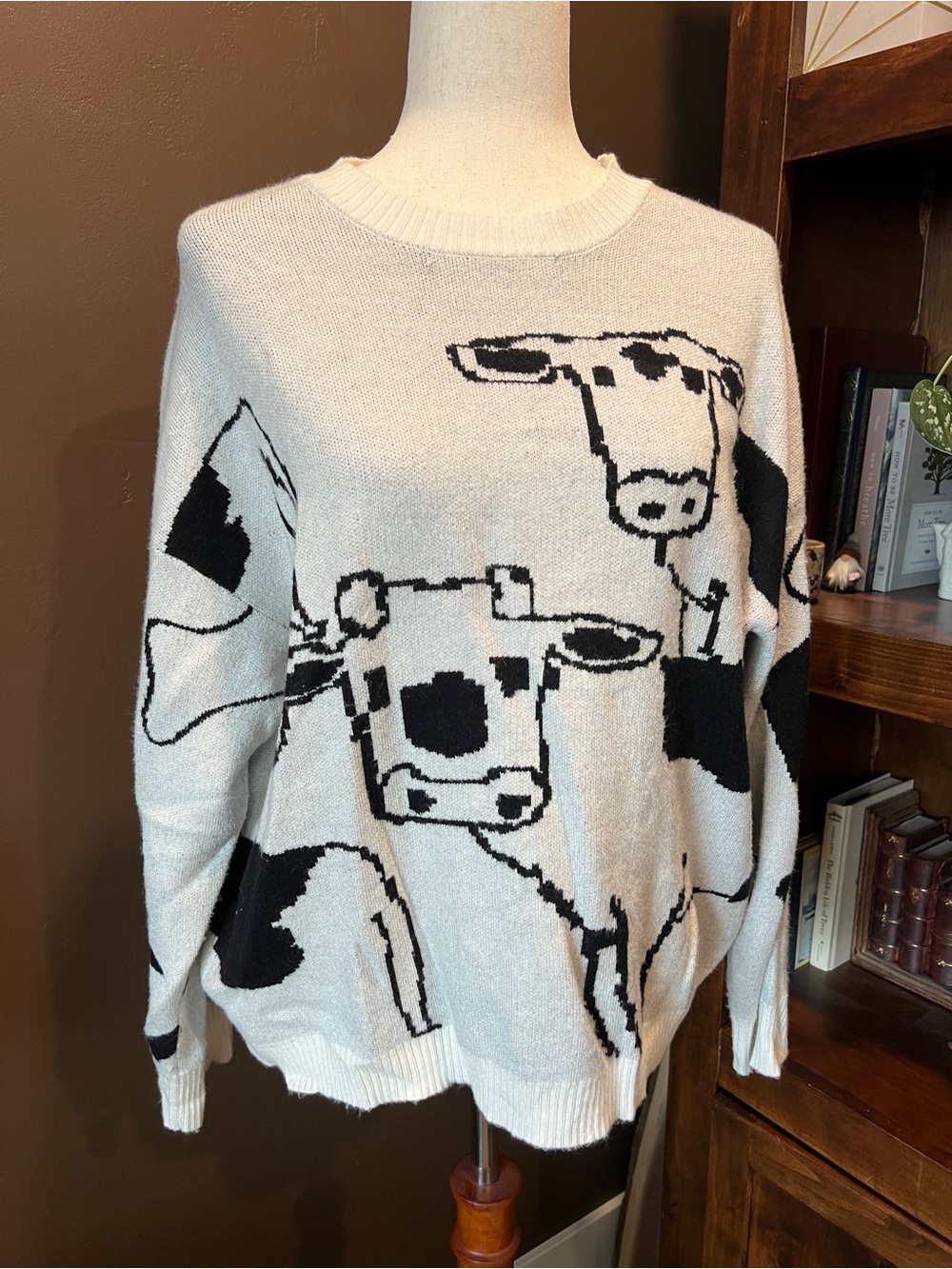 Black Cow Print Crewneck Sweater